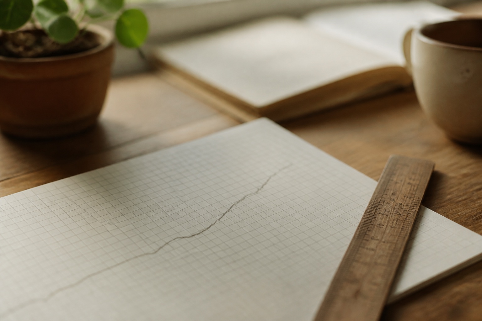 A line drawn by hand across squared graph paper with a ruler lying alongside it
