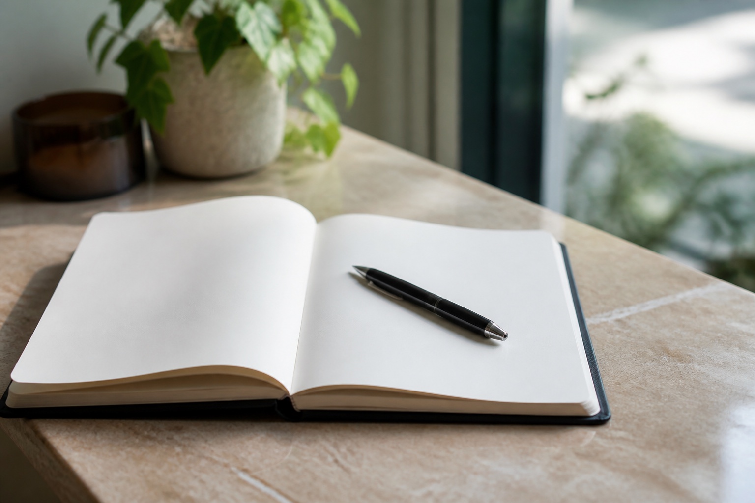 A blank visitor log book lying open on a counter with a pen resting across the page