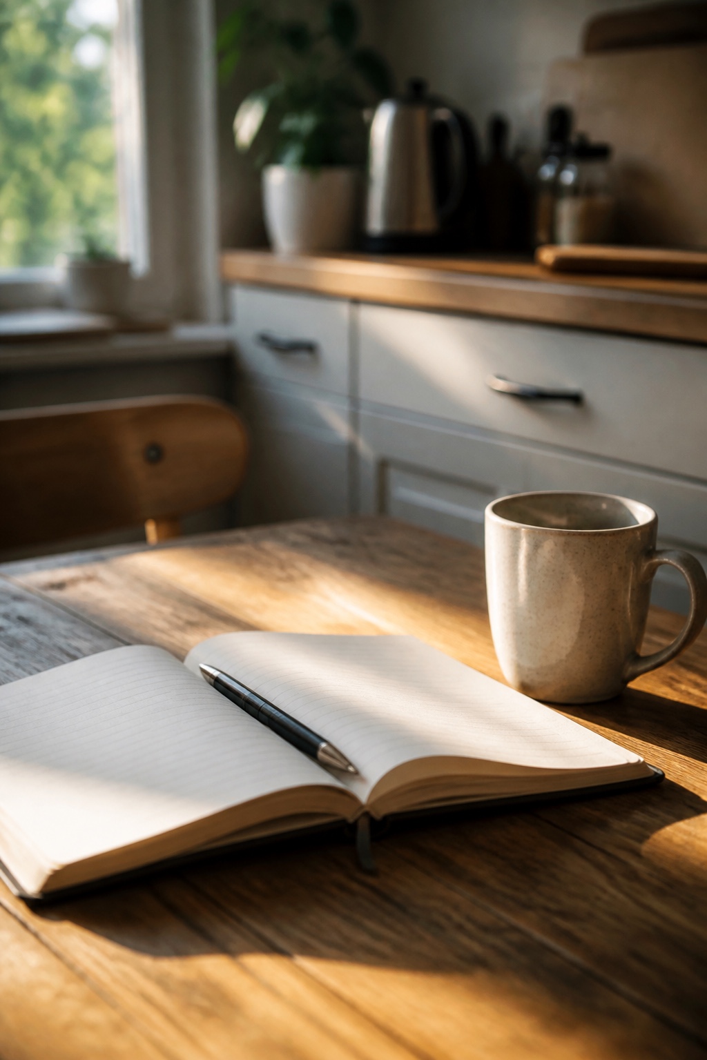 A notebook, a pen and a mug on a kitchen table in early morning light