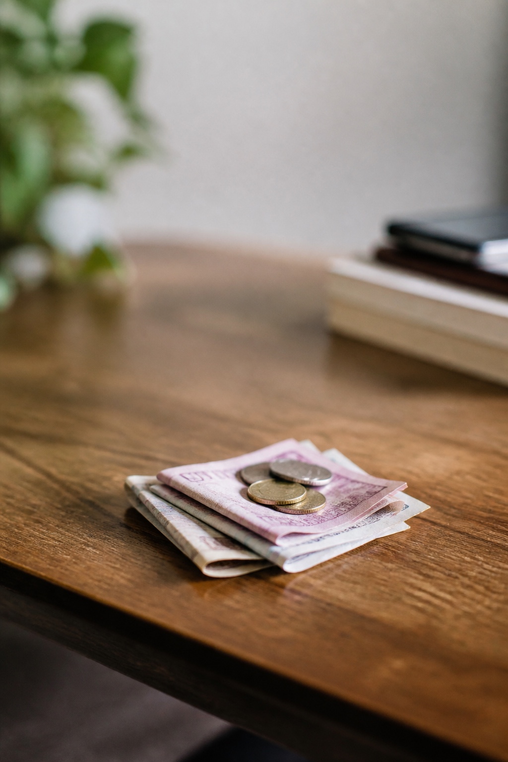 A small stack of folded banknotes and a few coins resting on a wooden table