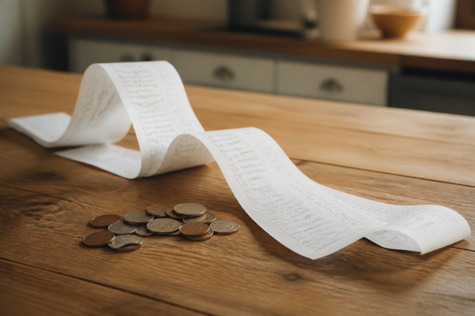 A long grocery receipt curling beside a small pile of loose coins on a counter