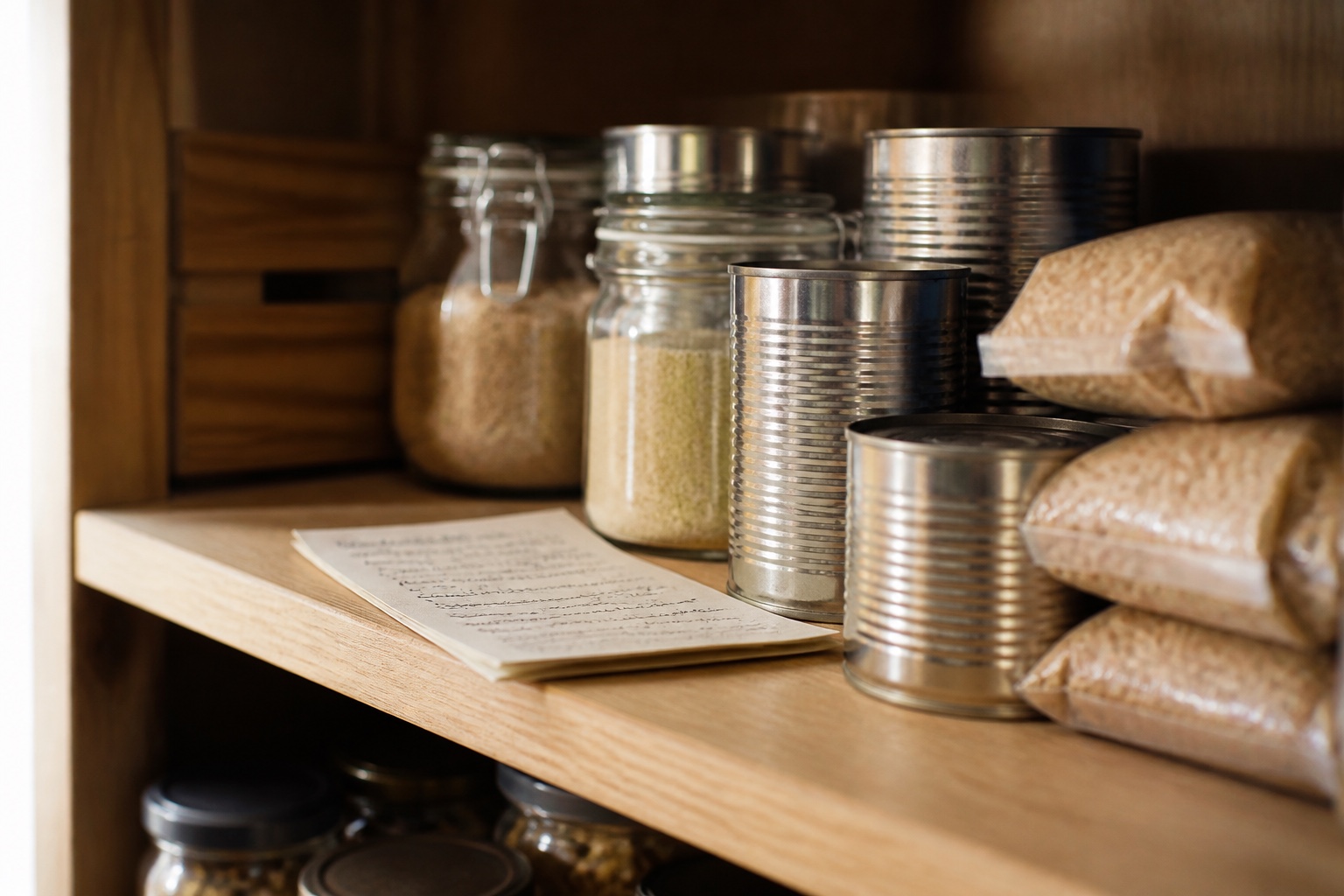 Tins and dry goods stacked on a pantry shelf beside a folded paper list