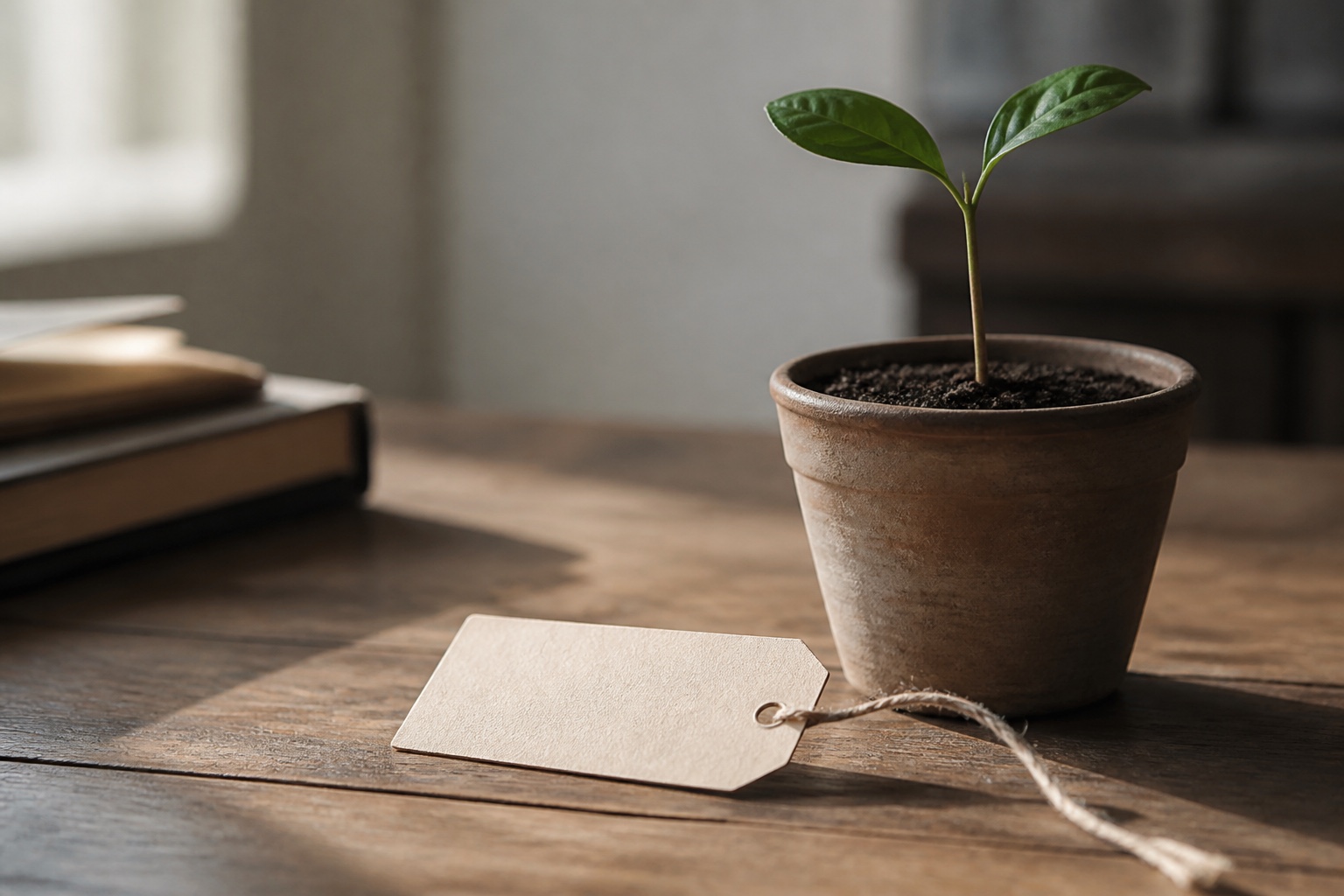 A small paper price tag tied with string lying beside a young seedling in a clay pot