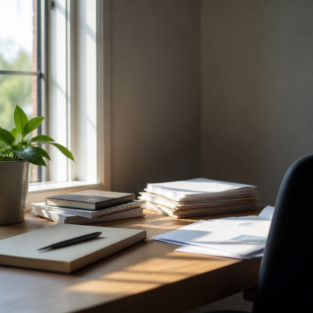 A quiet desk beside a window with papers stacked neatly in morning light