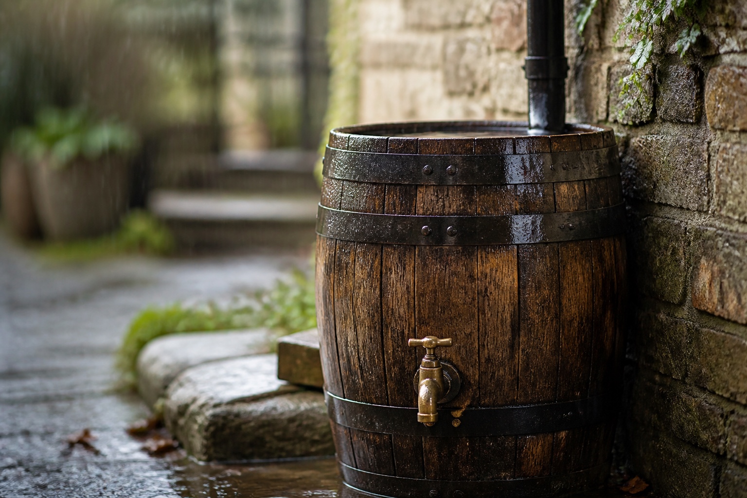 A wooden rain barrel with a brass tap standing against a stone wall in the rain