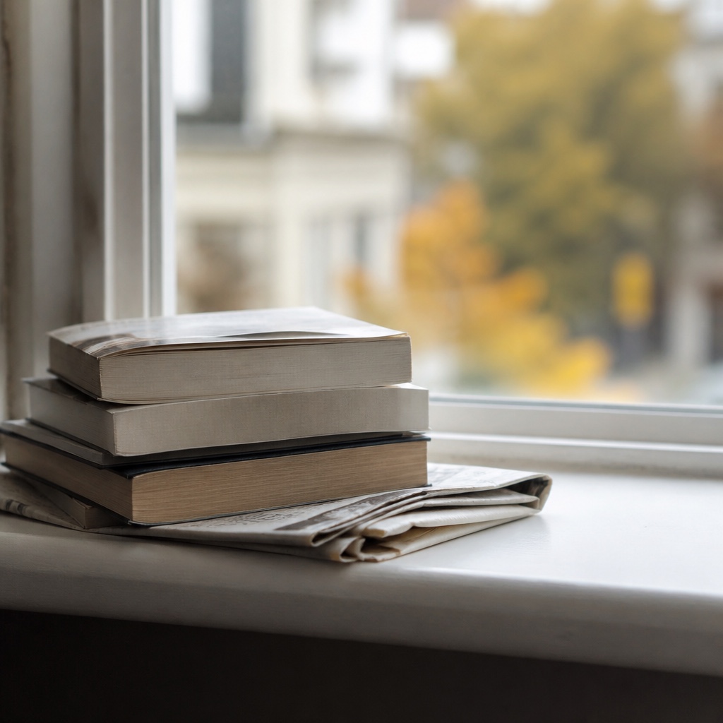 A short stack of paperback books and a folded newspaper on a windowsill