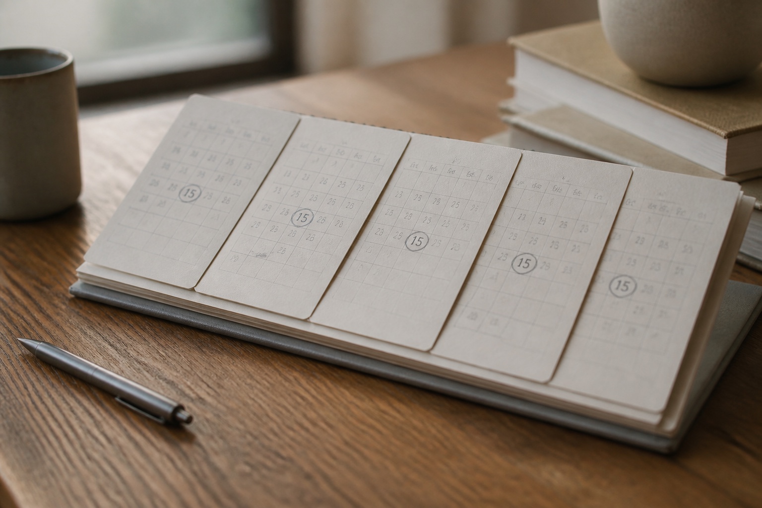A desk calendar with the same date marked in pencil across five consecutive months