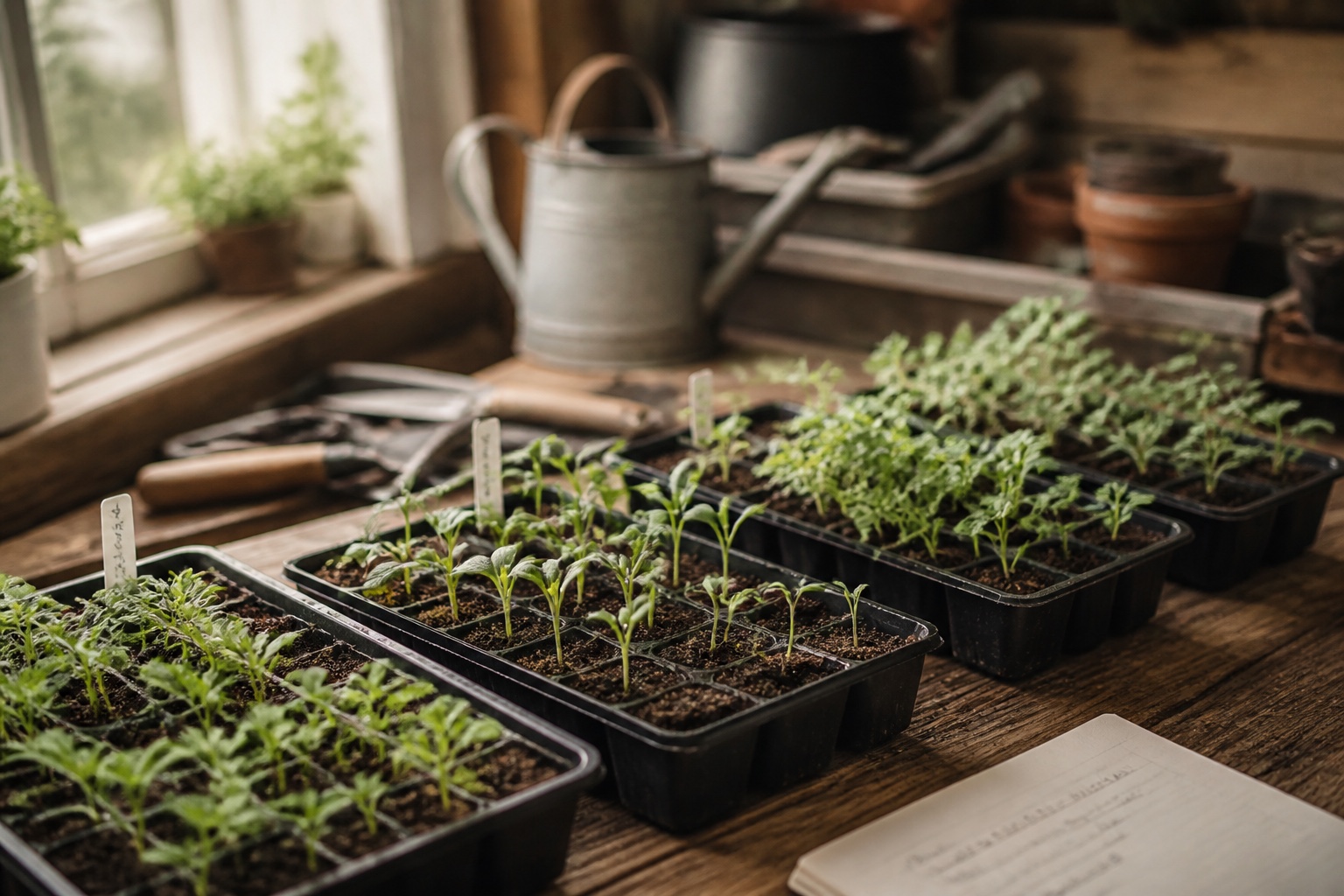 Rows of small seed trays planted with different seedlings on a greenhouse bench