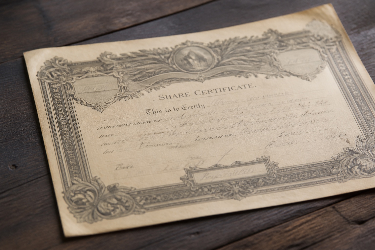 An old engraved paper share certificate photographed close up on a dark surface