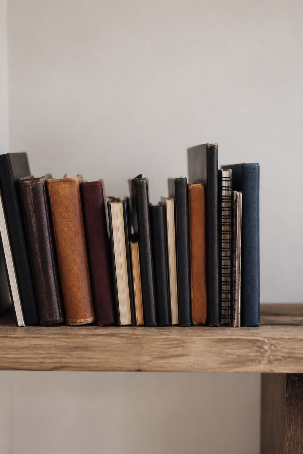 A row of worn notebooks standing upright on a plain wooden shelf