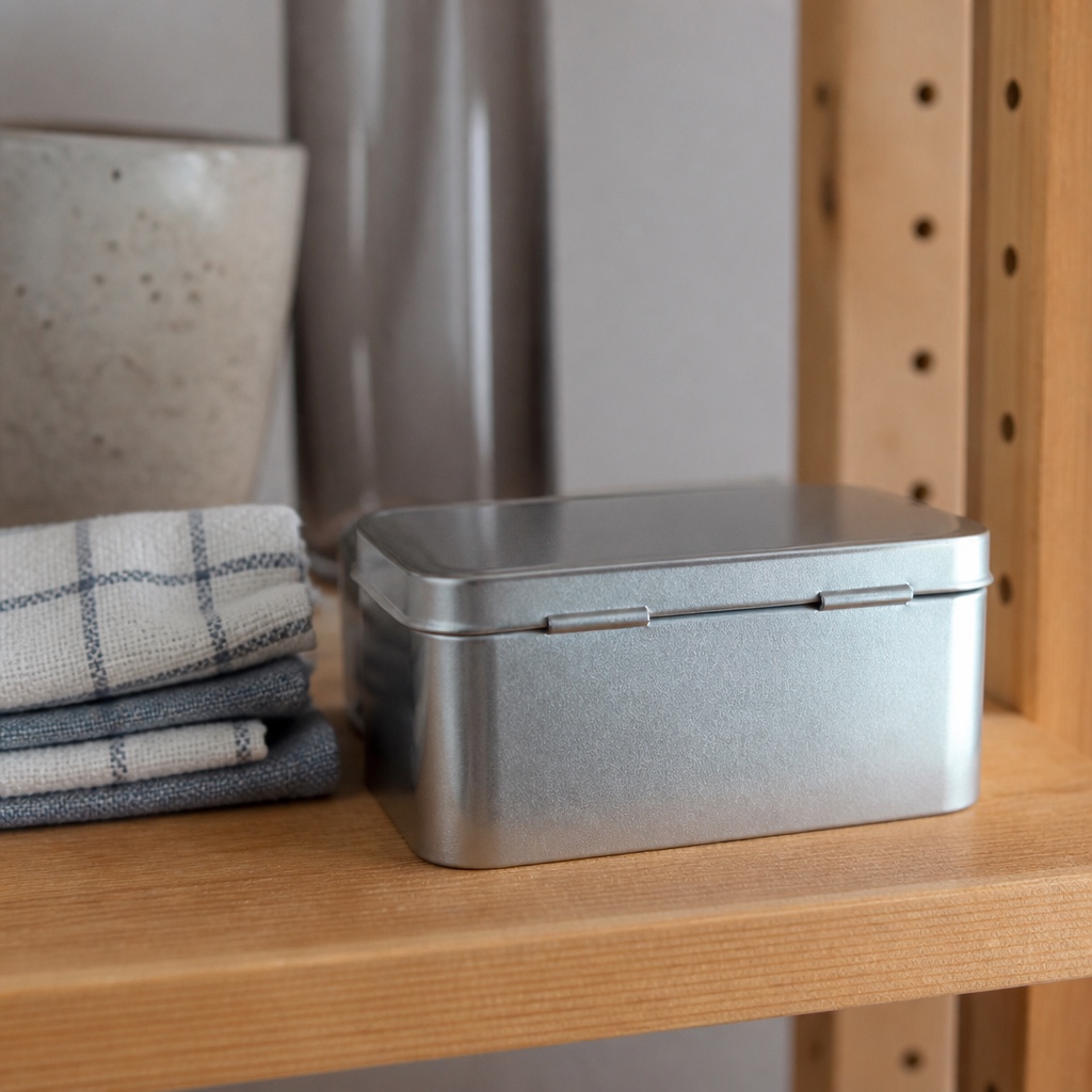 A plain metal tin with a hinged lid sitting on a shelf beside folded tea towels