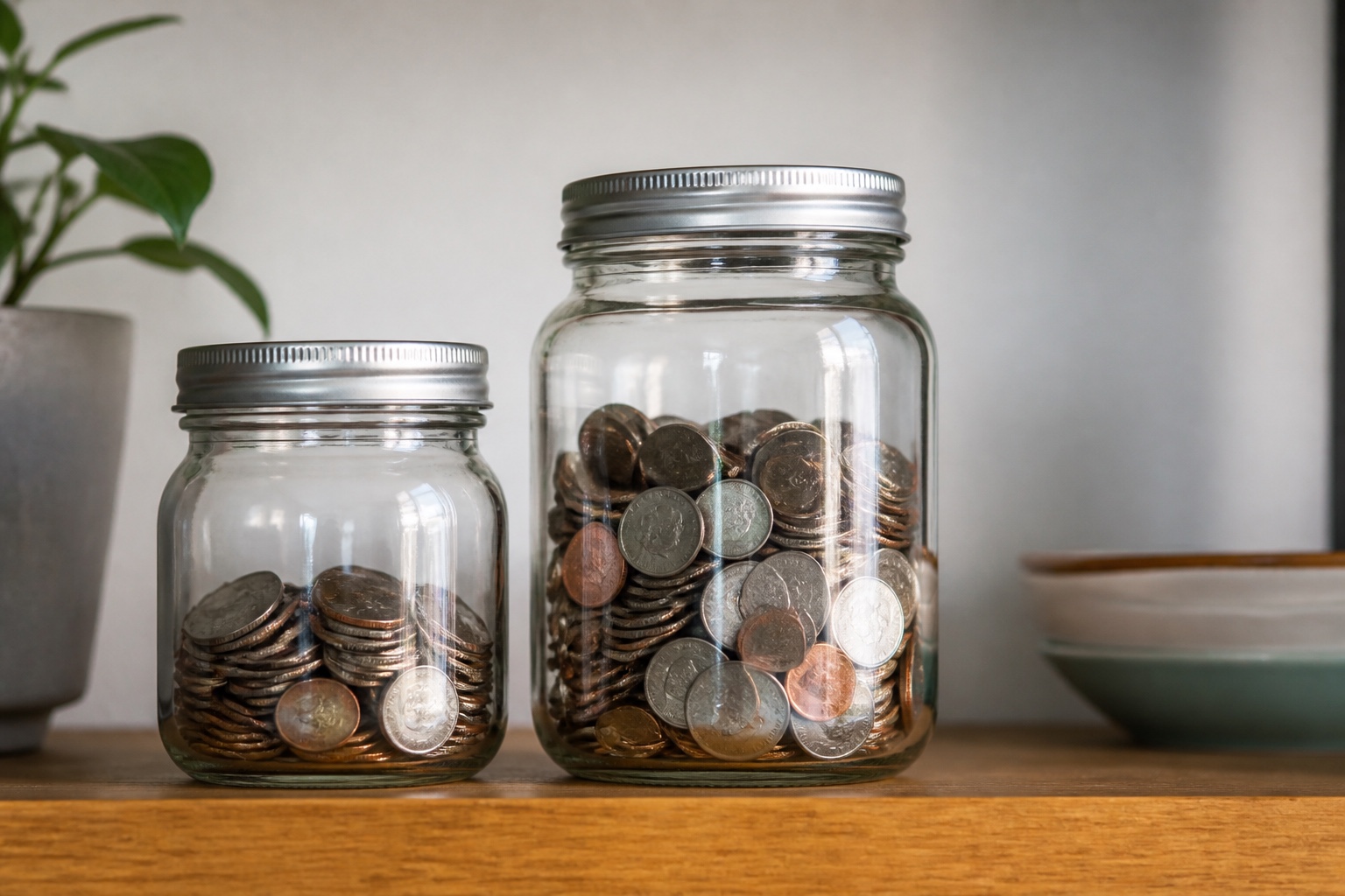 Two glass storage jars of different sizes standing side by side on a kitchen shelf